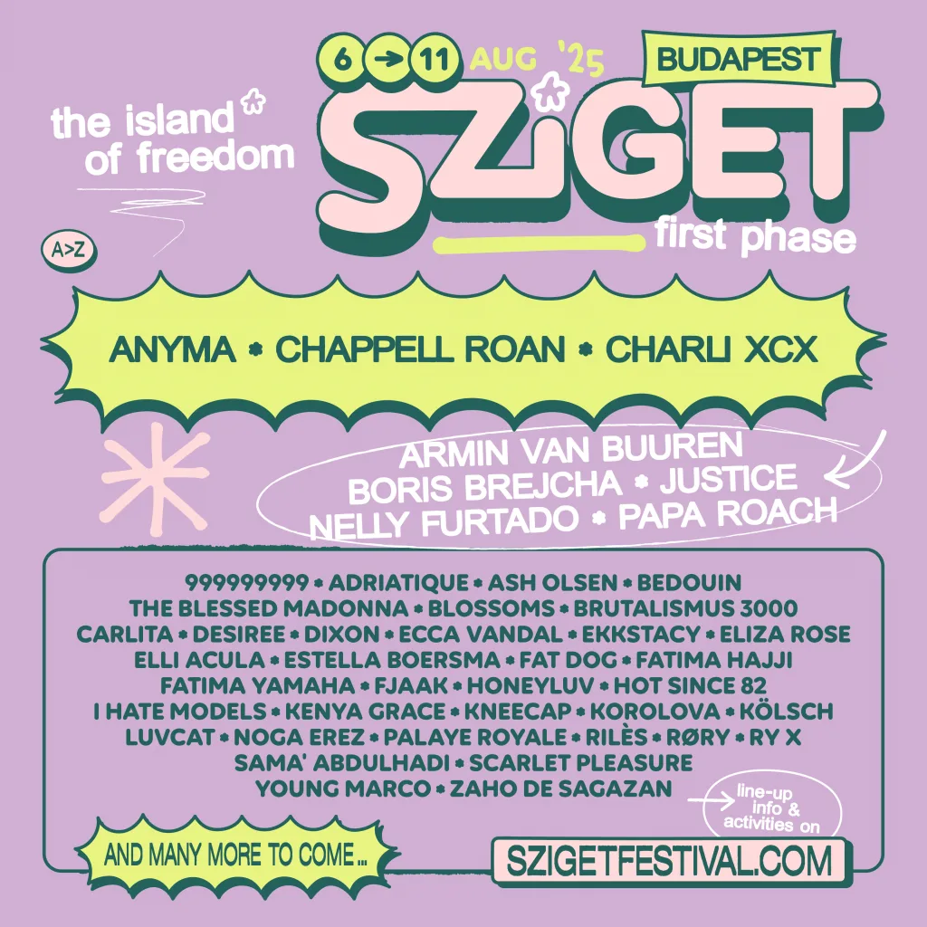 Sziget Festival 2025 lineup poster featuring Charli XCX, Anyma, and more

