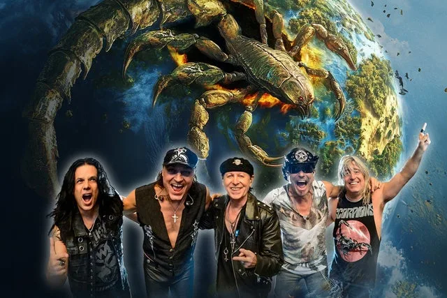 Scorpions band photo with Mikkey Dee and 60th anniversary banner