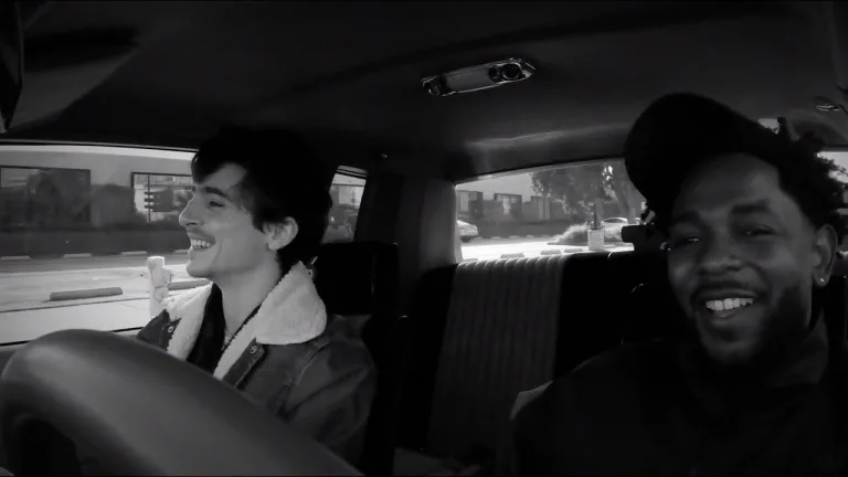 Timothée Chalamet and Kendrick Lamar rapping in a GNX ahead of the Super Bowl