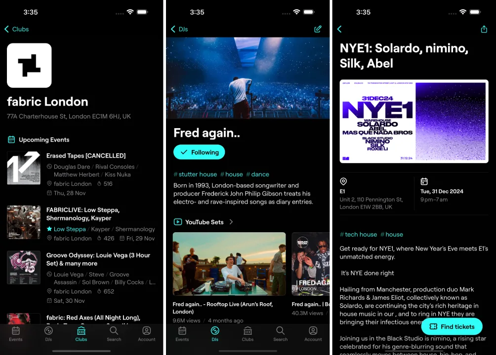 Dancefloor app for finding DJs and club nights