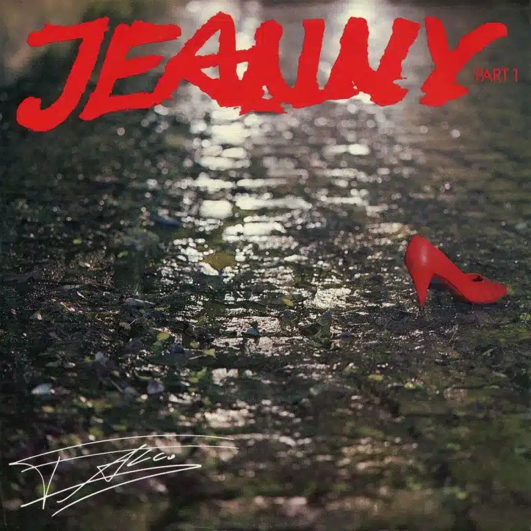 Cover art of Falco’s song Jeanny, with haunting red title over dark background