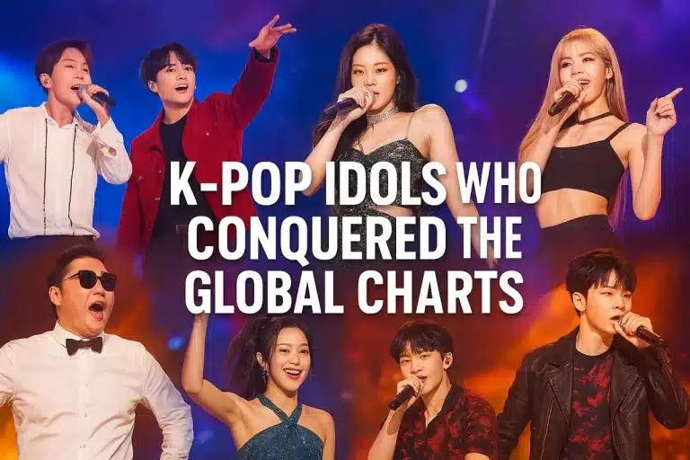 Collage of top K-Pop idols performing on global stages