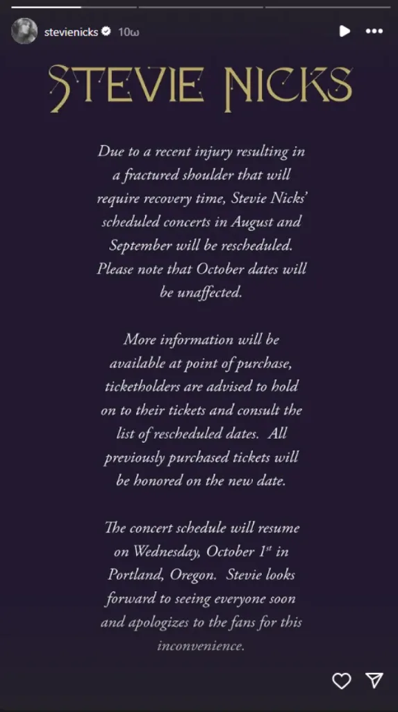 Stevie Nicks announces postponed tour dates due to shoulder injury


