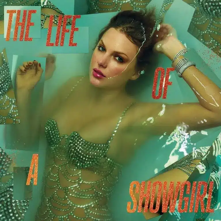 Taylor Swift underwater in glitter dress on The Life of a Showgirl album cover