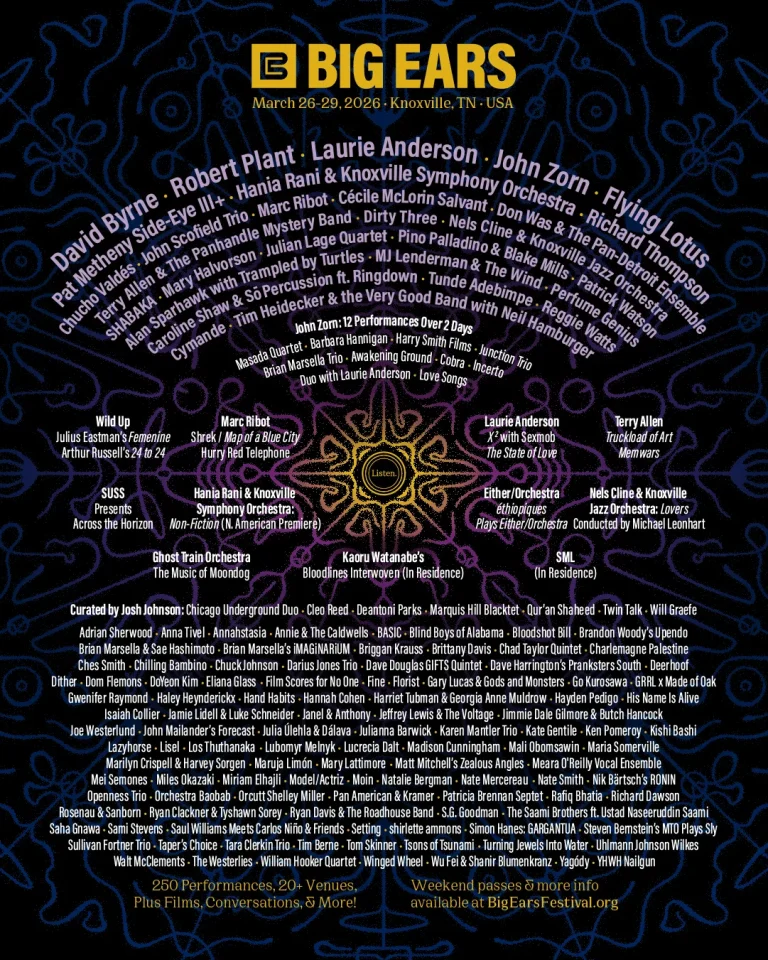 A vibrant illustration of the Big Ears Festival 2026 lineup poster with various artist names.