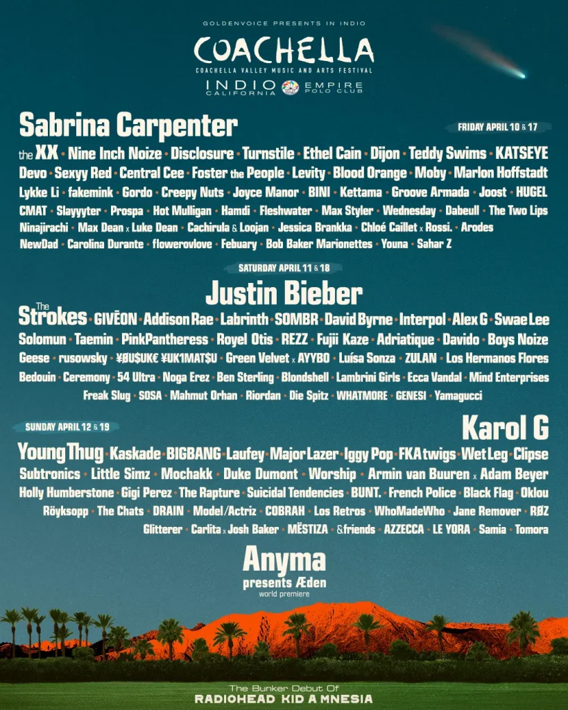 Coachella 2026 lineup poster featuring headliners Justin Bieber, Sabrina Carpenter and Karol G