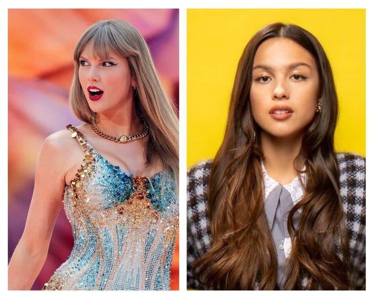 Taylor Swift and Olivia Rodrigo performing in 2025 — pop chart rivalry.