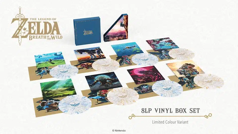The Legend of Zelda Breath of the Wild 8-LP vinyl box set featuring gold and blue artwork