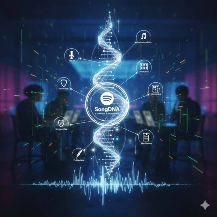 Screenshot of Spotify’s new SongDNA feature displaying song contributors and sample connections