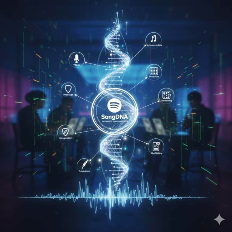 Screenshot of Spotify’s new SongDNA feature displaying song contributors and sample connections