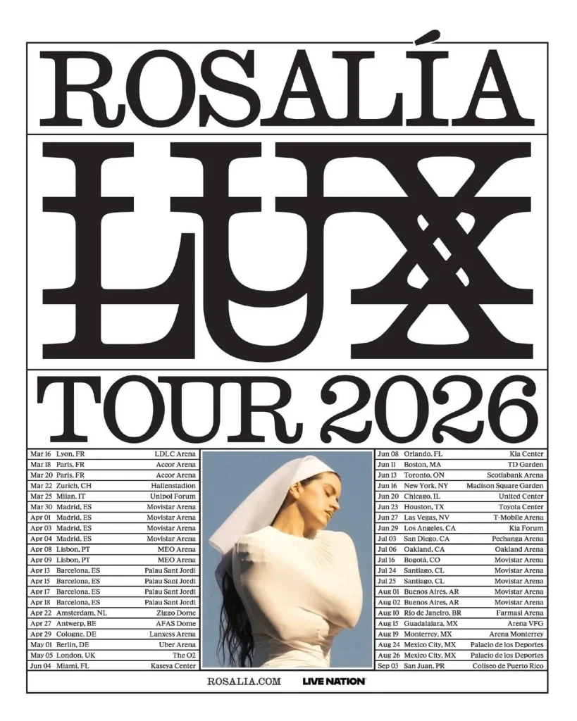 Rosalía announcing her 2026 Lux Tour across Europe, North America, and Latin America