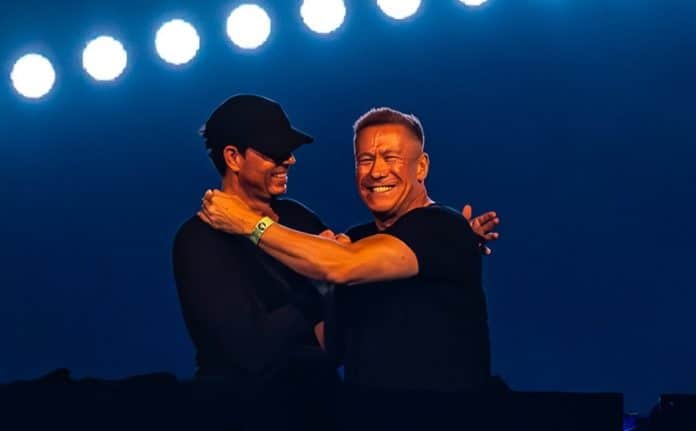 Cosmic Gate members Nic Chagall and Stefan Bossems performing live at a trance festival before their 2025 split.