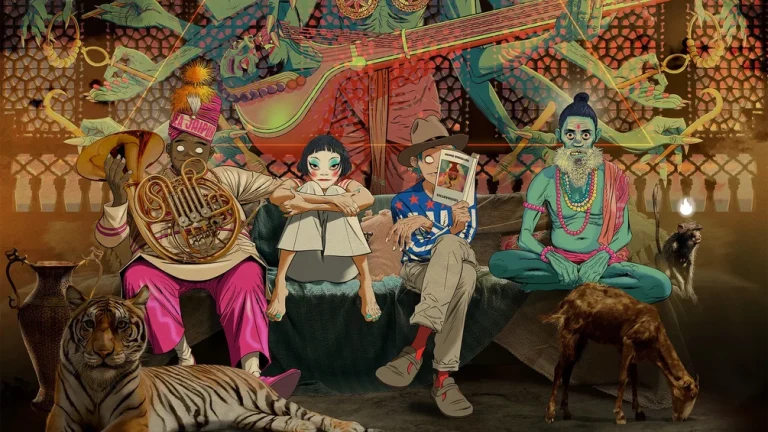 Gorillaz The Mountain album cover art by Jamie Hewlett featuring the animated band members.