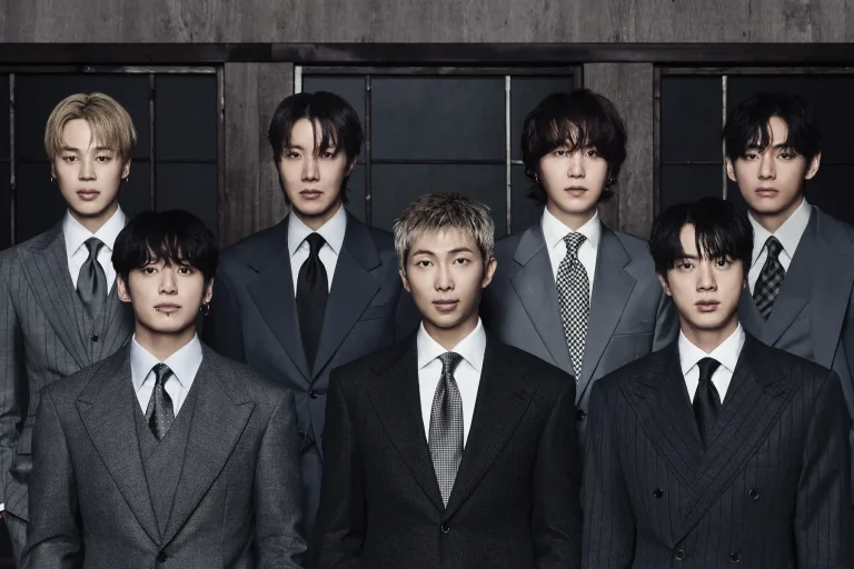 BTS group photo for the Arirang album era, showcasing the seven members in a modern, sophisticated aesthetic for their 2026 comeback.