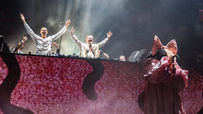 Afrojack and David Guetta performing on the Ultra Music Festival 2026 Main Stage during the debut of their new Sia collaboration, Awake Tonight.