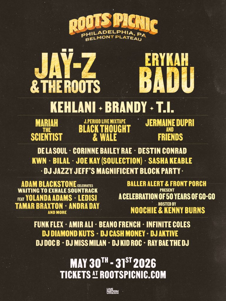 The official Roots Picnic 2026 festival poster listing Erykah Badu, Kehlani, and Brandy at Belmont Plateau.