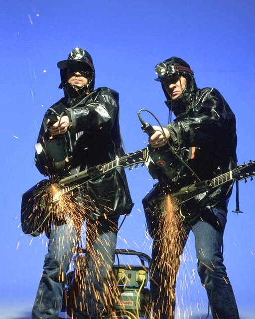 Bill Drummond and Jimmy Cauty of the KLF performing live stadium house in the early 1990s