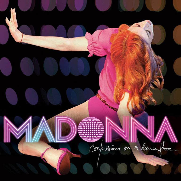 Madonna Confessions on a Dance Floor album cover 2005 — close-up portrait in pink against dark background, Warner Bros. Records release.