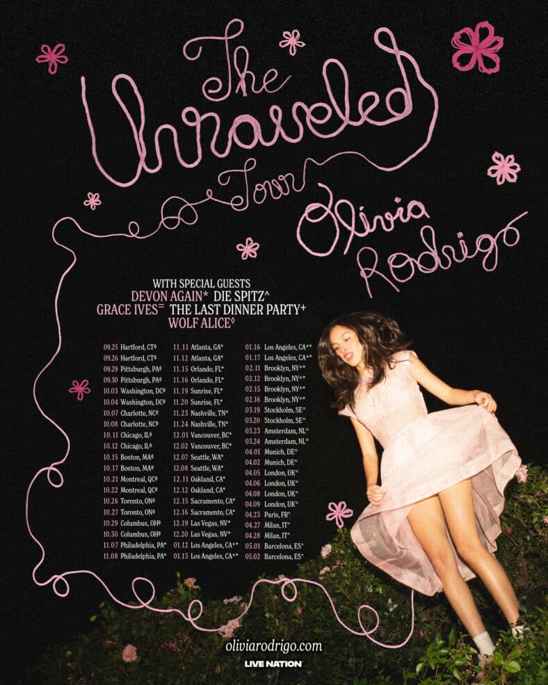 Full tour dates list for Olivia Rodrigo's 2026 global tour across North America and Europe.