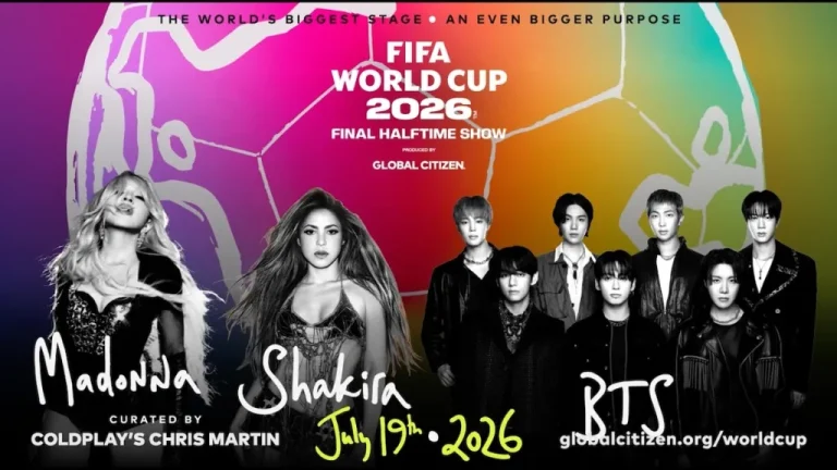 Madonna, Shakira, and BTS promotional poster for the World Cup 2026 Halftime Show