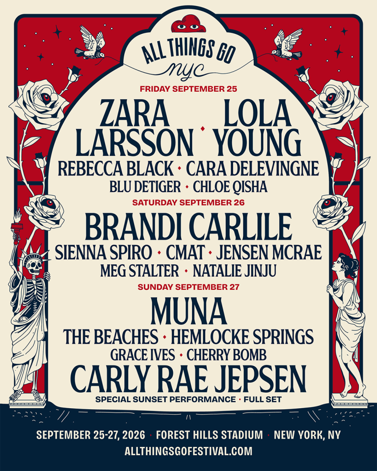 The official All Things Go Festival 2026 NY lineup poster featuring headliners Zara Larsson, Brandi Carlile, and MUNA at Forest Hills Stadium.