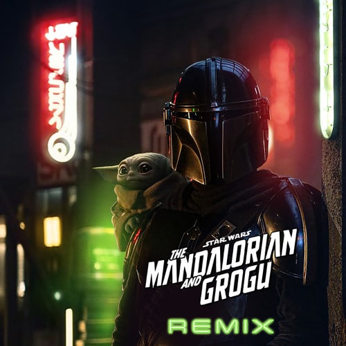 Boys Noize Star Wars remix cover art featuring The Mandalorian and Grogu in a stylized electronic aesthetic