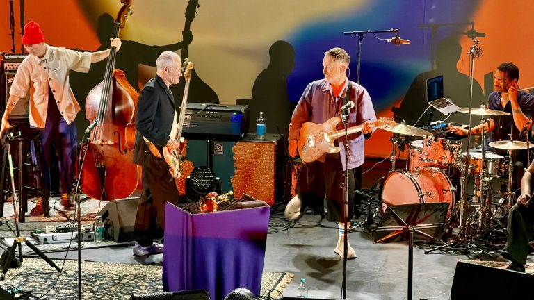 Thom Yorke and Flea sharing the stage at KOKO London during a live music improvisation set in 2026.