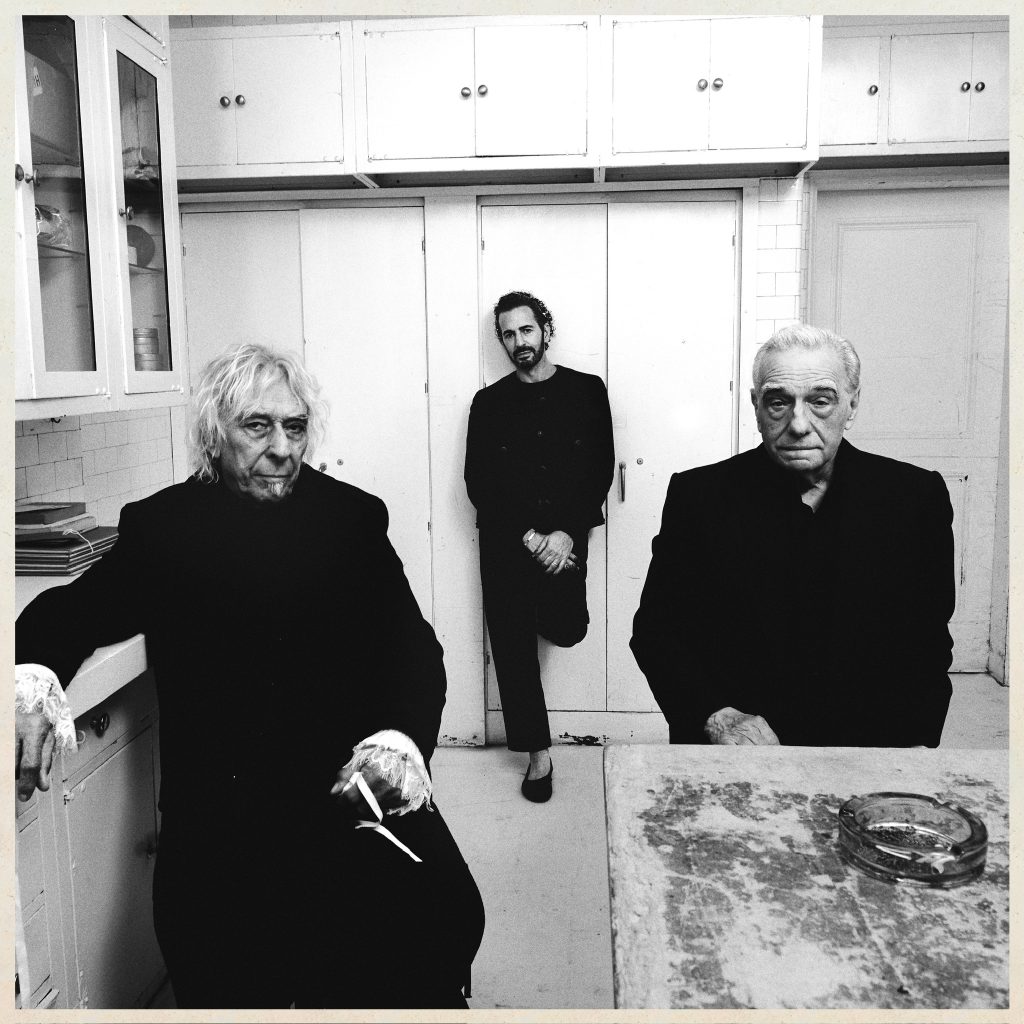 Charli xcx seventh studio album cover for Music, Fashion, Film, showcasing Martin Scorsese, Marc Jacobs, and John Cale in a striking portrait.