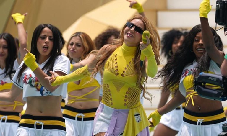 Shakira performing live on stage during the spectacular World Cup 2026 opening ceremony at Estadio Azteca