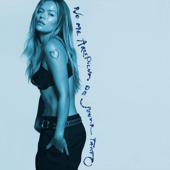 Official blue cover art for Karol G new album No Me Arrepiento de Sentir Tanto.