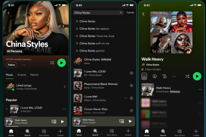 Spotify smartphone interface displaying new AI Persona badge next to an artificial artist profile.