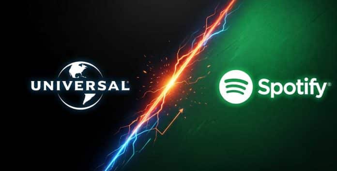 Universal Music Group headquarters logo with Spotify streaming application screen background