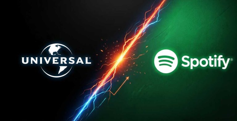Universal Music Group headquarters logo with Spotify streaming application screen background